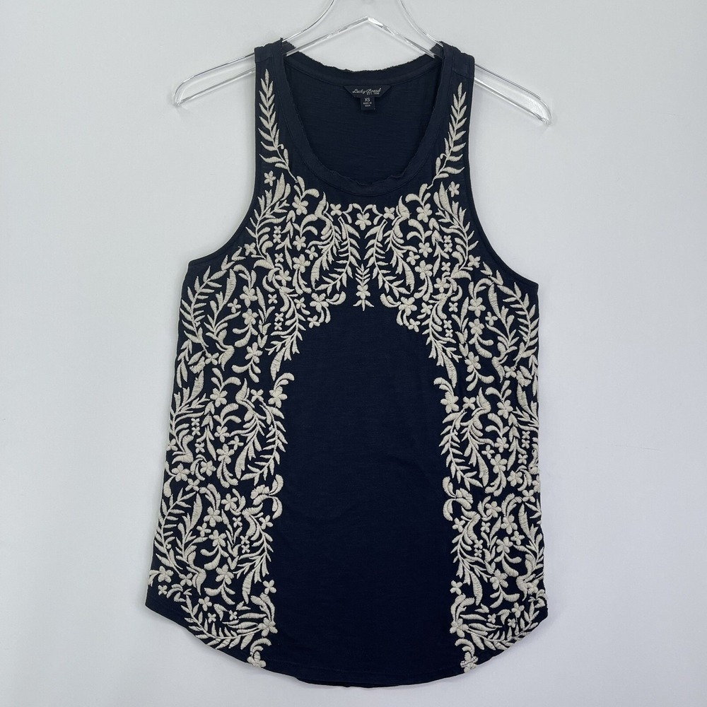Lucky Brand Womens Tank Top XS Navy Blue Embroidered Sleeveless Shirt